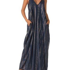 Elan Women’s Navy Metallic Gold Arrow Print Balloon Bottom Maxi Dress Size Md